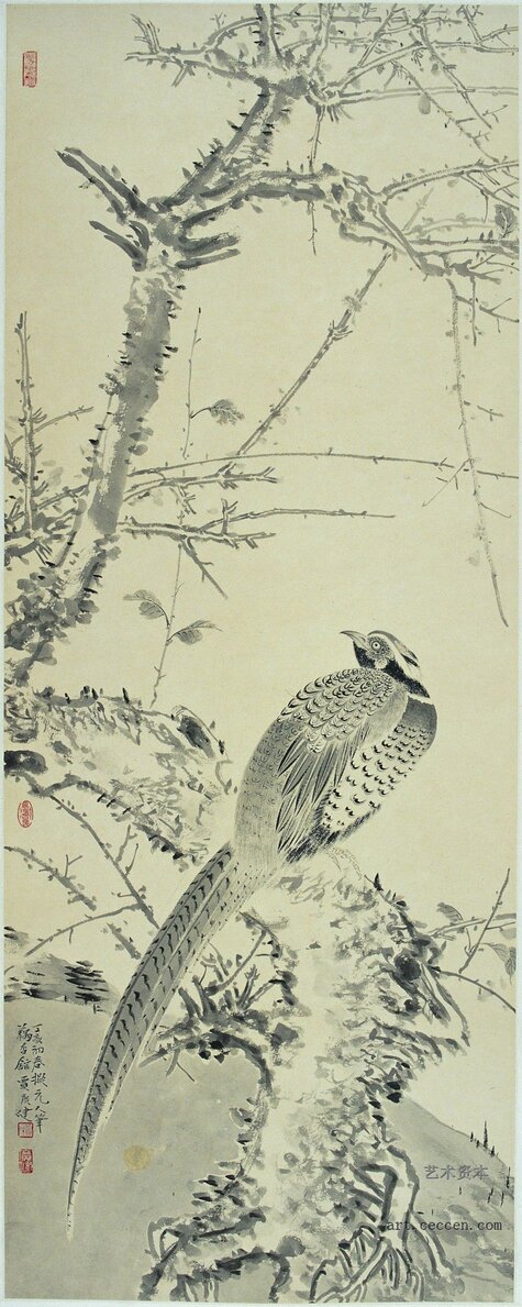 寒林锦鸡 132×48cm 纸本设色 2007年